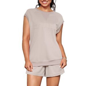 2 Piece Short Sets Summer Cap Sleeve Tops Shorts Travel Sweat Sets Deep Apricot